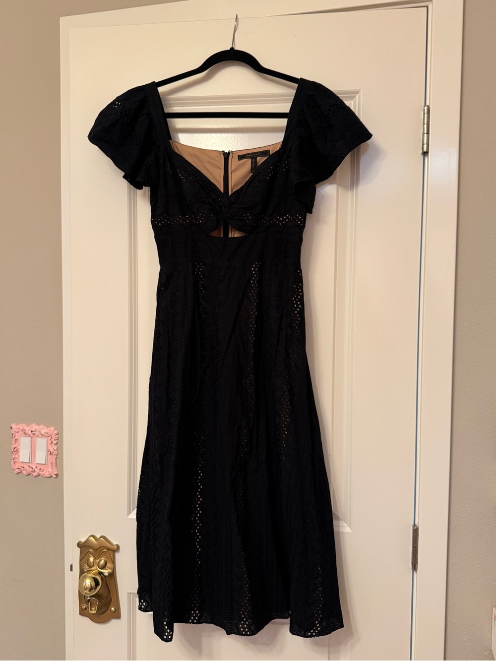 BCBG MAXAZRIA Black Eyelet Midi Dress with Cap Sleeves